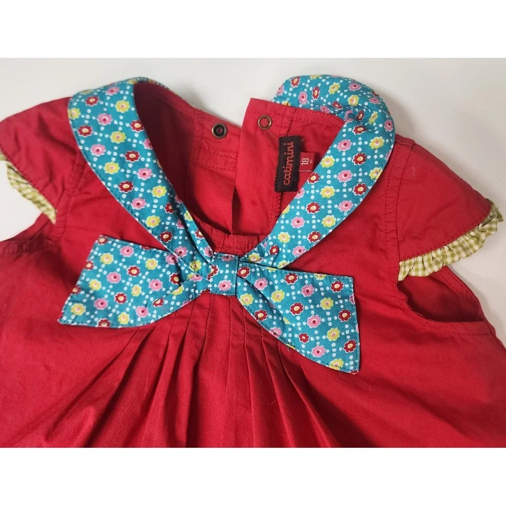Catimini Dress Baby 18M Red Floral Whimsical Embroidery Bow Ruffle Hem France